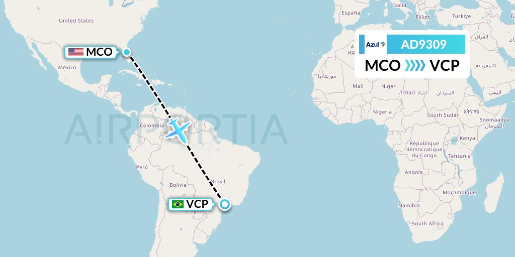 AD9309 Azul Brazilian Airlines Flight Map: Orlando to Campinas