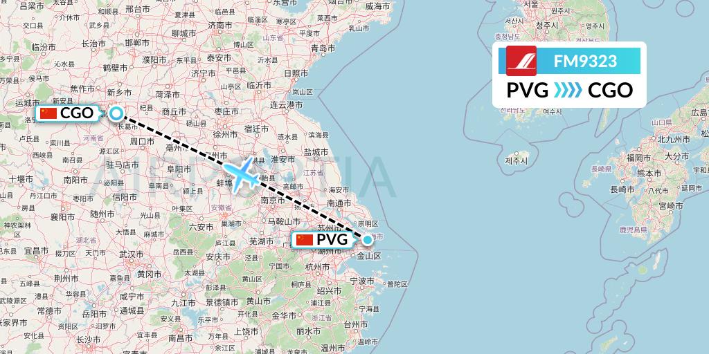 FM9323 Shanghai Airlines Flight Map: Shanghai to Zhengzhou