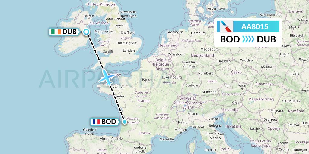 AA8015 American Airlines Flight Map: Bordeaux to Dublin