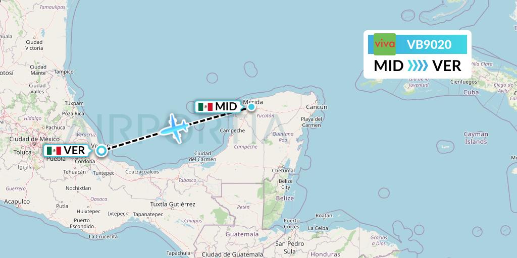 VB9020 VivaAerobus Flight Map: Merida to Veracruz