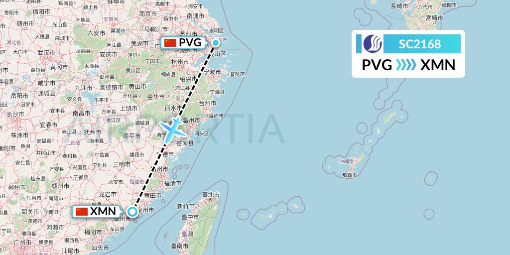 SC2168 Shandong Airlines Flight Map: Shanghai to Xiamen