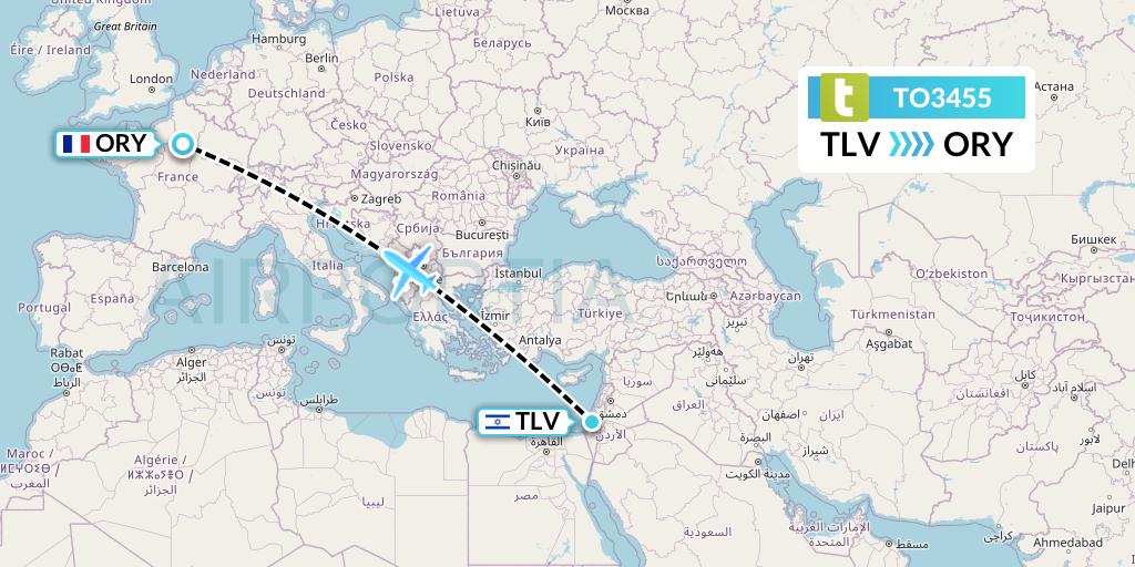 TO3455 Transavia France Flight Map: Tel Aviv to Paris