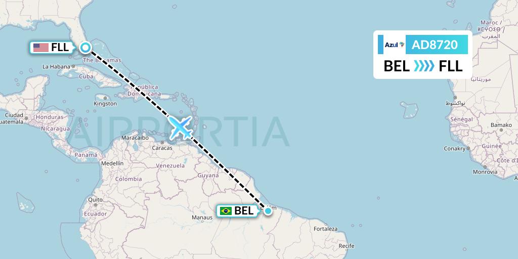 AD8720 Azul Brazilian Airlines Flight Map: Belem to Fort Lauderdale