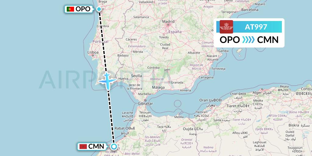 AT997 Royal Air Maroc Flight Map: Porto to Casablanca