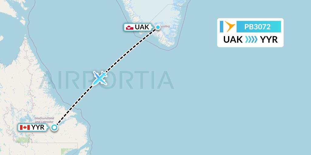 PB3072 PAL Airlines Flight Map: Narsarsuaq to Goose Bay