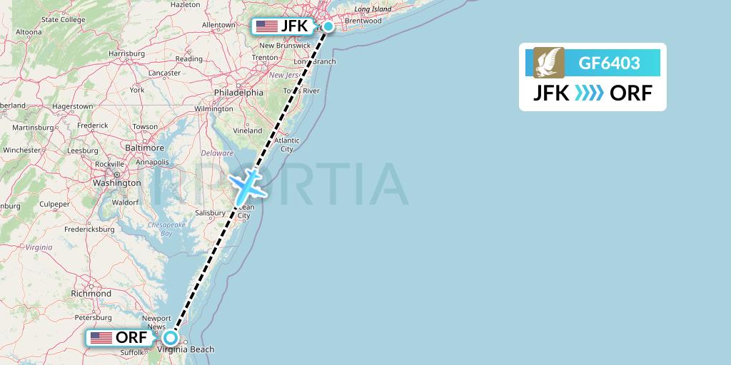 GF6403 Gulf Air Flight Map: New York to Norfolk