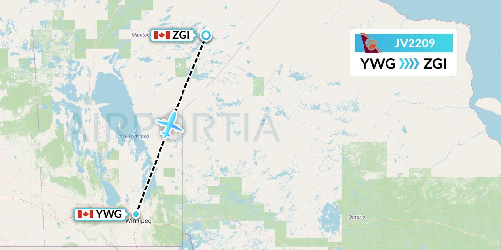 JV2209 Bearskin Airlines Flight Map: Winnipeg to Gods River
