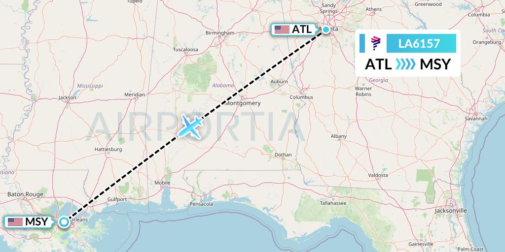 LA6157 LAN Airlines Flight Map: Atlanta to New Orleans