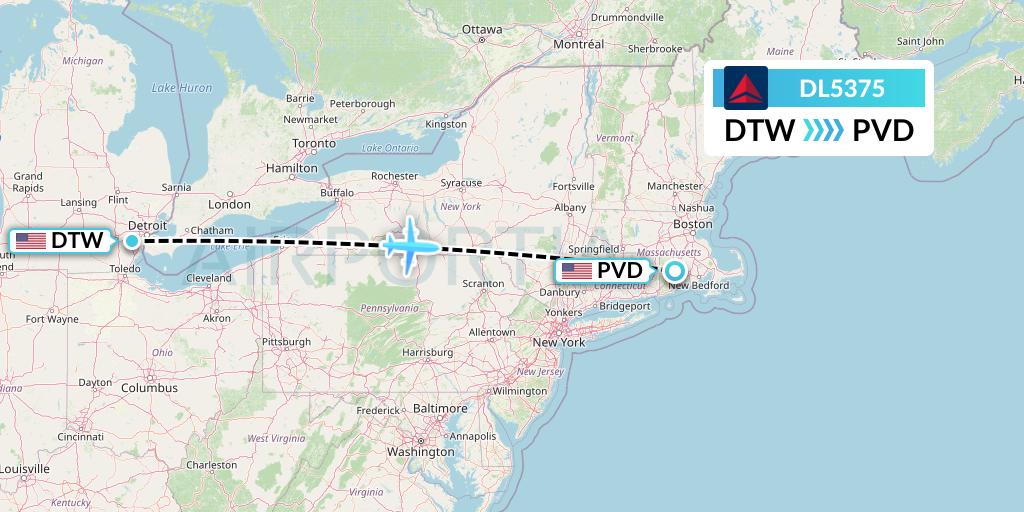 DL5375 Delta Air Lines Flight Map: Detroit to Providence