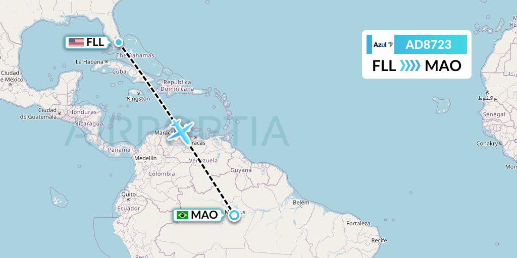 AD8723 Azul Brazilian Airlines Flight Map: Fort Lauderdale to Manaus
