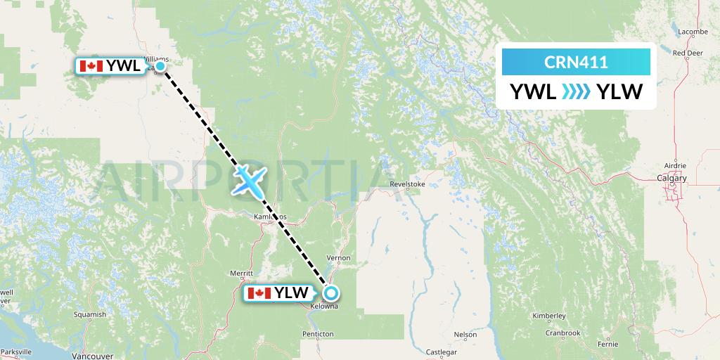 CRN411 Aerocaribbean Flight Map: Williams Lake to Kelowna