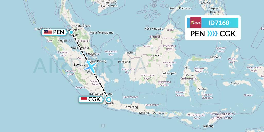 ID7160 Batik Air Flight Map: Penang to Jakarta