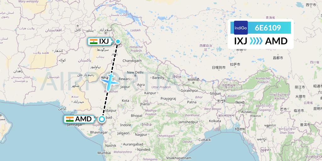 6E6109 IndiGo Airlines Flight Map: Jammu to Ahmedabad