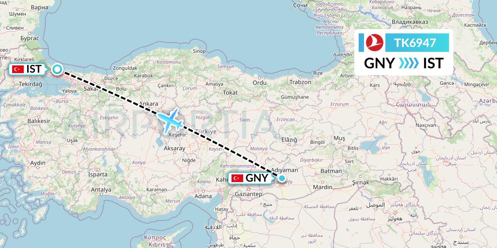 TK6947 Turkish Airlines Flight Map: Sanliurfa to Istanbul
