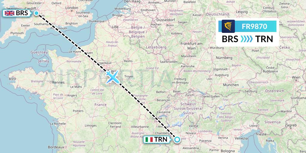 FR9870 Ryanair Flight Map: Bristol to Turin
