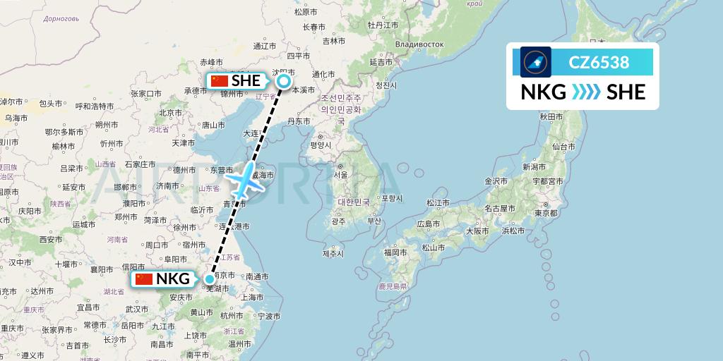 CZ6538 China Southern Airlines Flight Map: Nanjing to Shenyang