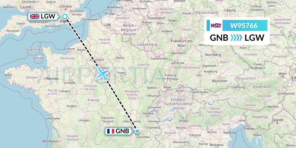 W95766 Wizz Air UK Flight Map: Grenoble to London