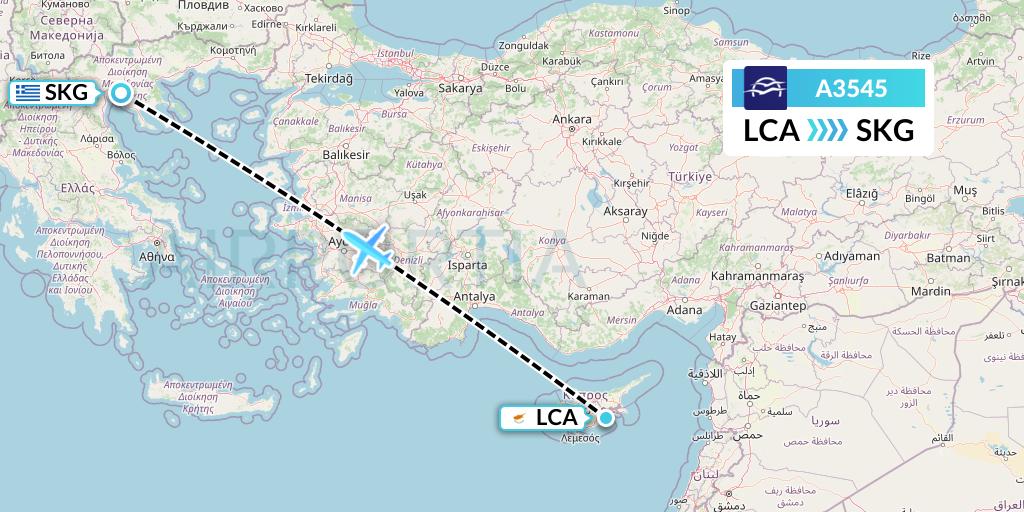 A3545 Aegean Airlines Flight Map: Larnaca to Thessaloniki