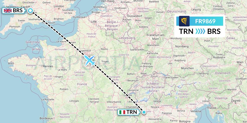 FR9869 Ryanair Flight Map: Turin to Bristol