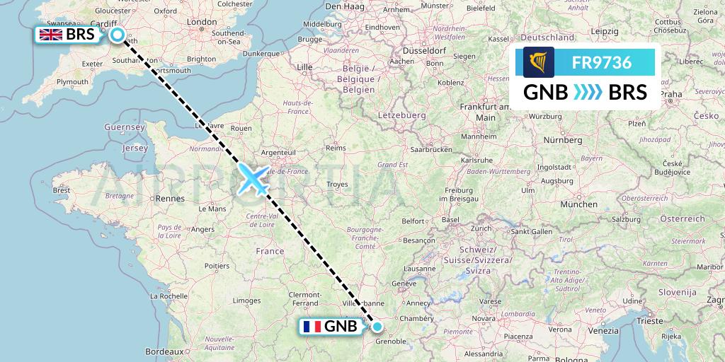 FR9736 Ryanair Flight Map: Grenoble to Bristol