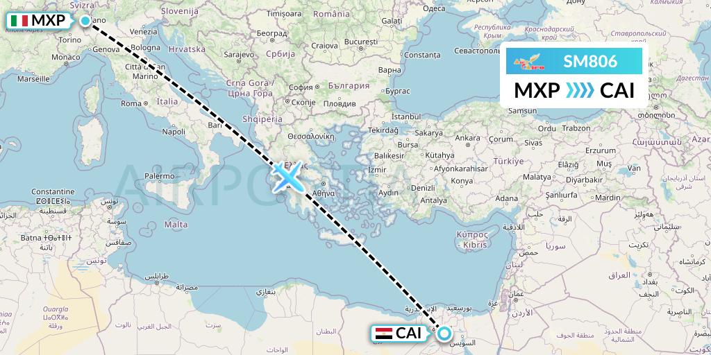 SM806 Air Cairo Flight Map: Milan to Cairo