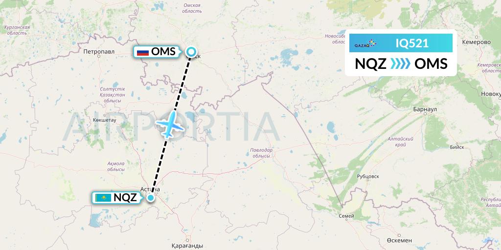 IQ521 Qazaq Air Flight Map: Astana to Omsk