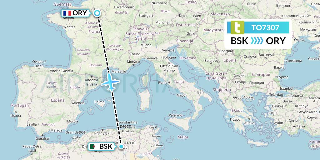 TO7307 Transavia France Flight Map: Biskra to Paris