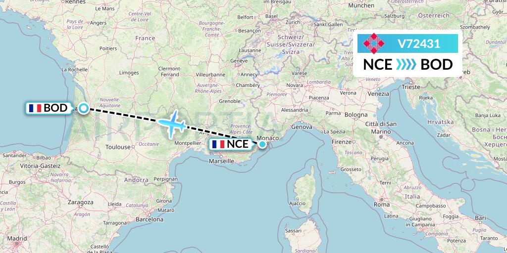 V72431 Volotea Flight Map: Nice to Bordeaux
