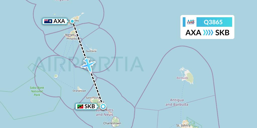 Q3865 Anguilla Air Services Flight Map: The Valley to Basseterre