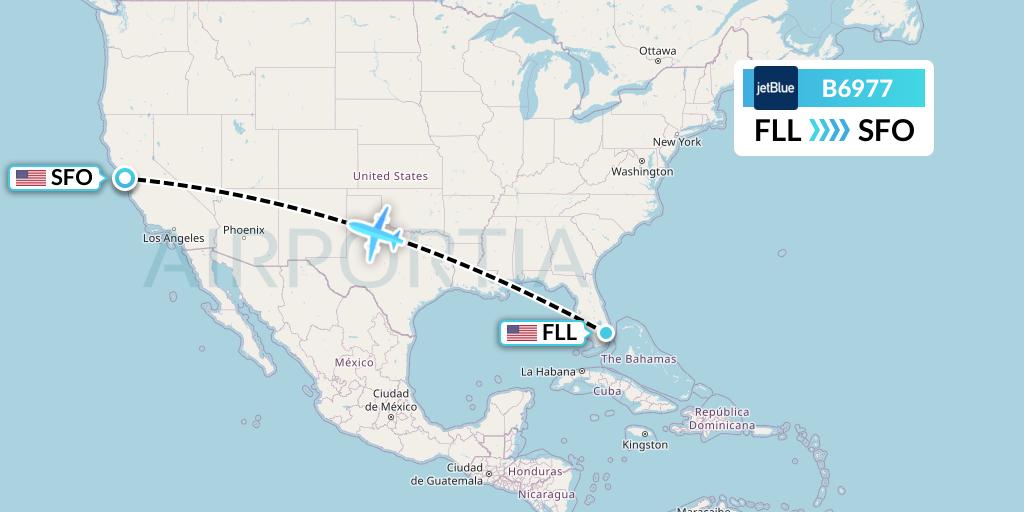 B6977 JetBlue Airways Flight Map: Fort Lauderdale to San Francisco