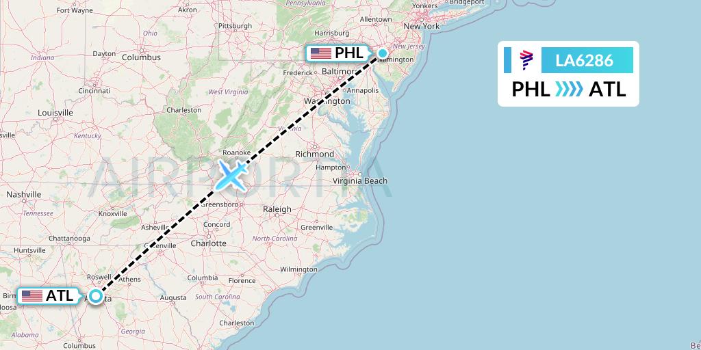 LA6286 LAN Airlines Flight Map: Philadelphia to Atlanta