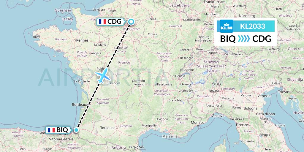 KL2033 KLM Flight Map: Biarritz to Paris