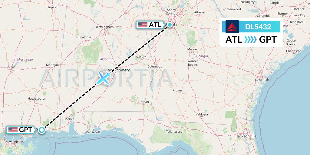 DL5432 Delta Air Lines Flight Map: Atlanta to Gulfport