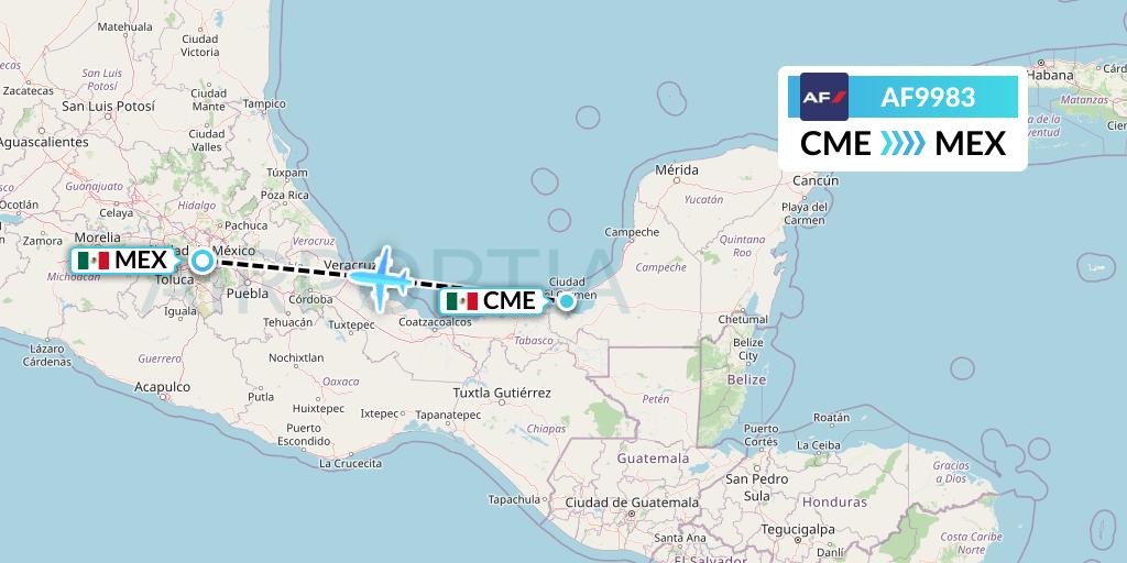 AF9983 Air France Flight Map: Ciudad del Carmen to Mexico City