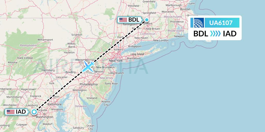 UA6107 United Airlines Flight Map: Windsor Locks to Washington