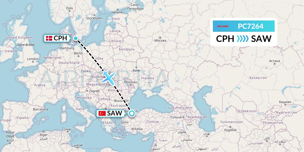 PC7264 Pegasus Airlines Flight Map: Copenhagen to Istanbul