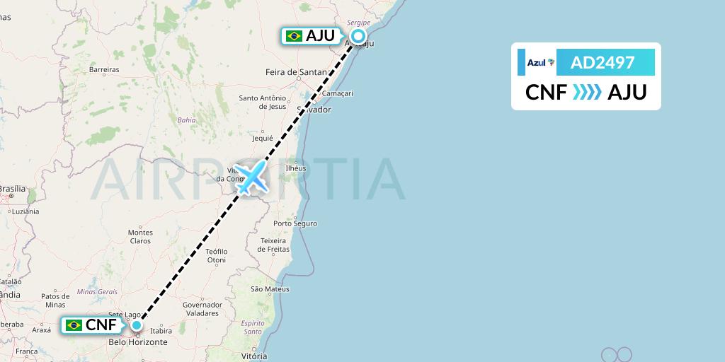 AD2497 Azul Brazilian Airlines Flight Map: Belo Horizonte to Aracaju
