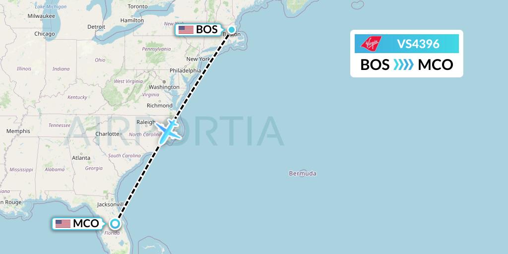 VS4396 Virgin Atlantic Airways Flight Map: Boston to Orlando