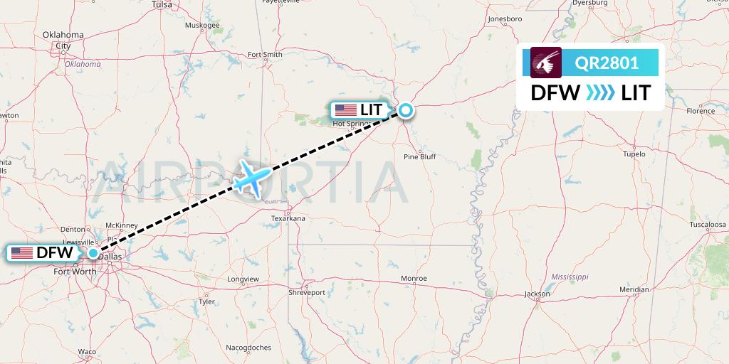 QR2801 Qatar Airways Flight Map: Dallas to Little Rock