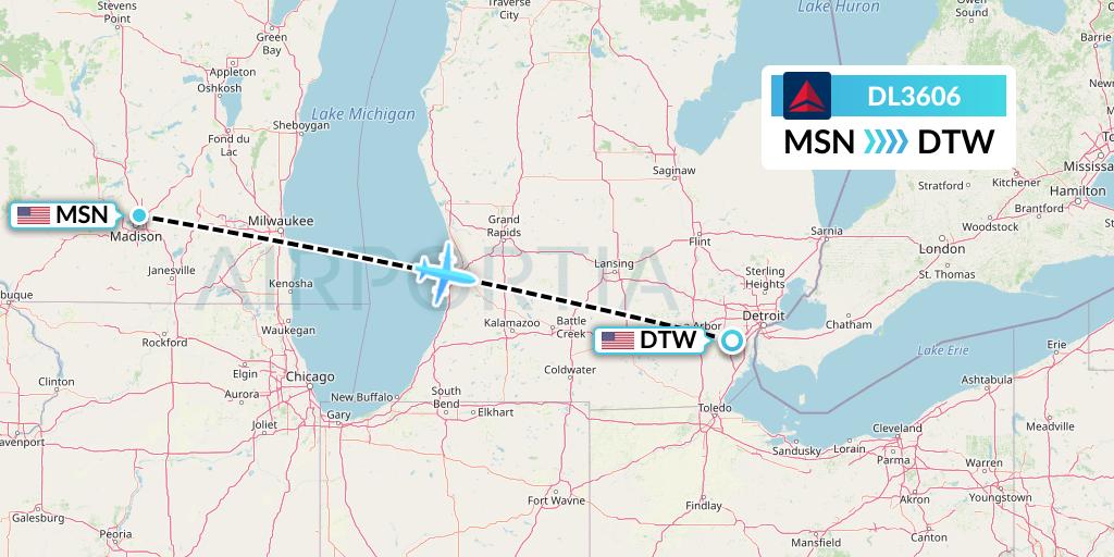 DL3606 Delta Air Lines Flight Map: Madison to Detroit