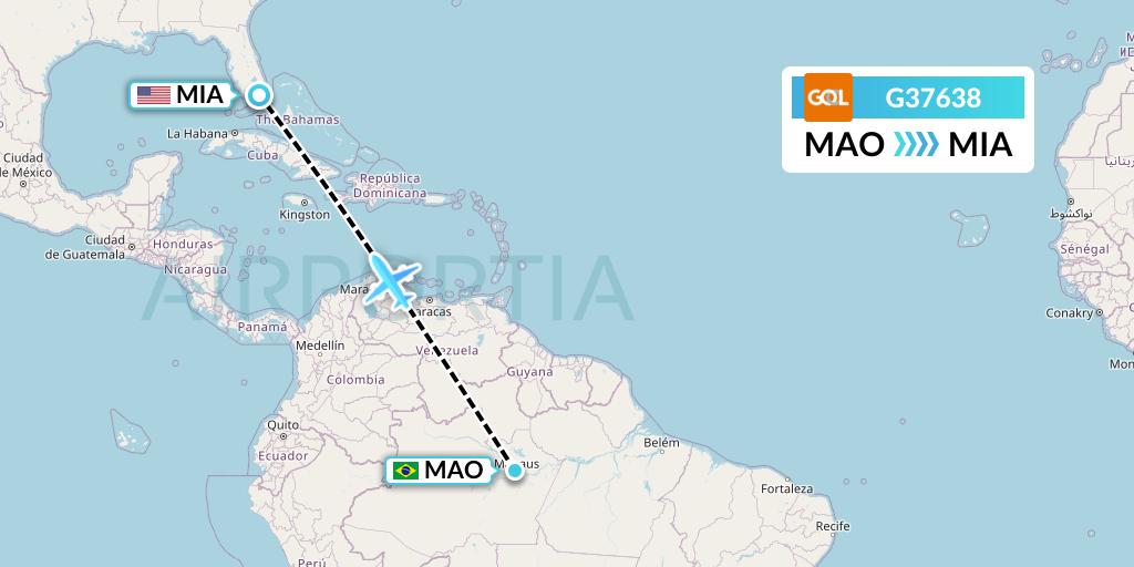 G37638 GOL Transportes Aeros Flight Map: Manaus to Miami