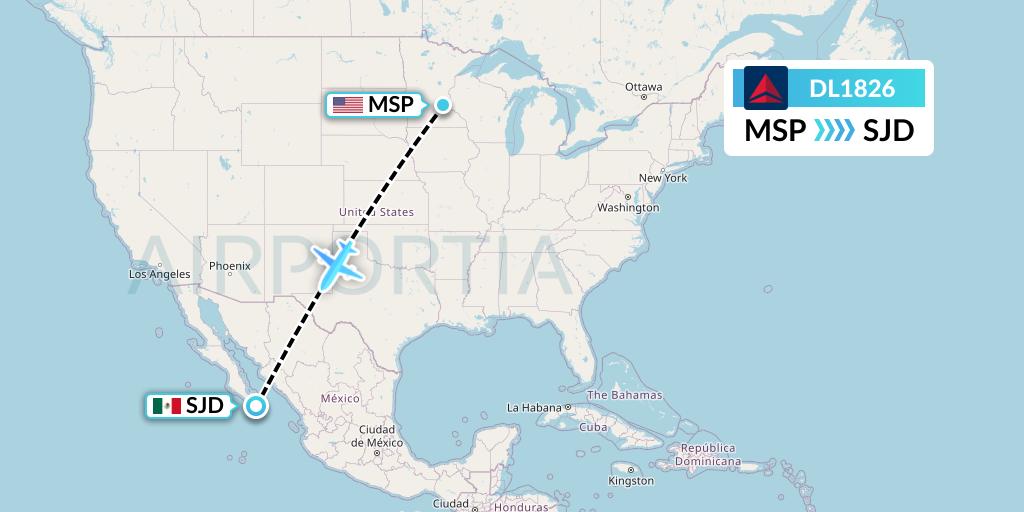 DL1826 Delta Air Lines Flight Map: Minneapolis to San Jose del Cabo