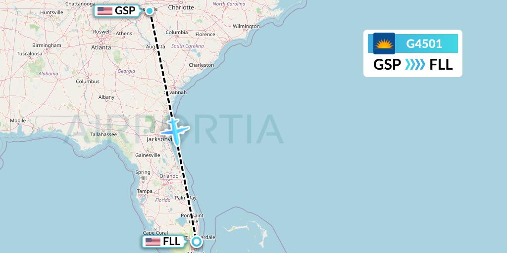 G4501 Allegiant Air Flight Map: Greenville-Spartanburg to Fort Lauderdale