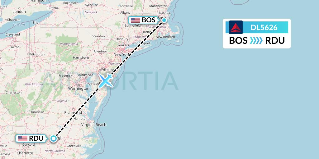 DL5626 Delta Air Lines Flight Map: Boston to Raleigh-Durham