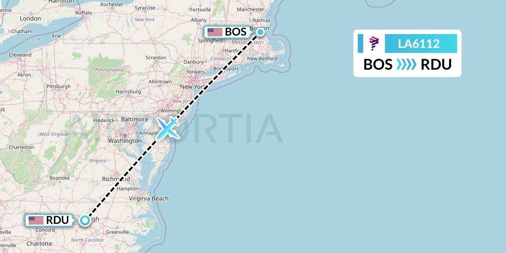 LA6112 LAN Airlines Flight Map: Boston to Raleigh-Durham