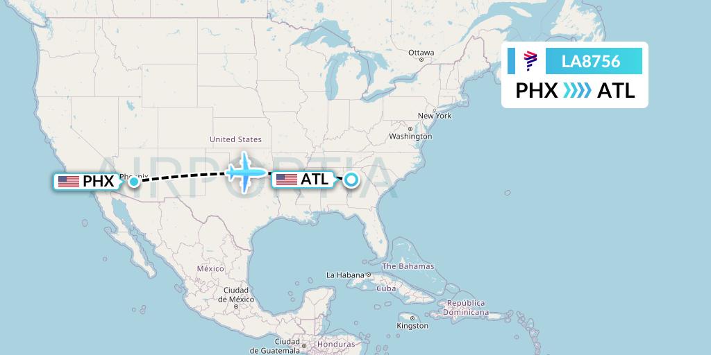 LA8756 LAN Airlines Flight Map: Phoenix to Atlanta