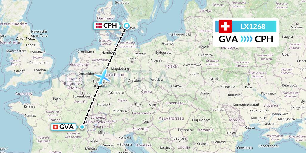 LX1268 Swiss Flight Map: Geneva to Copenhagen