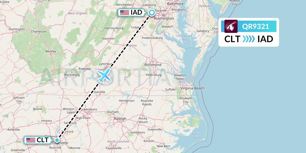 QR9321 Qatar Airways Flight Map: Charlotte to Washington