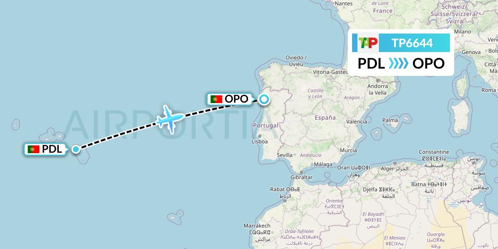 TP6644 TAP Portugal Flight Map: Ponta Delgada to Porto