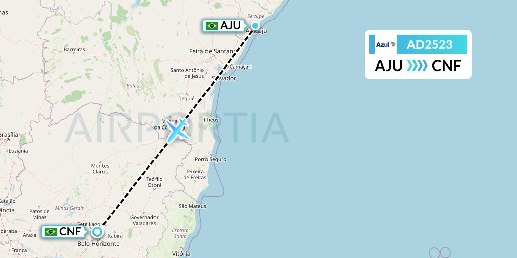 AD2523 Azul Brazilian Airlines Flight Map: Aracaju to Belo Horizonte